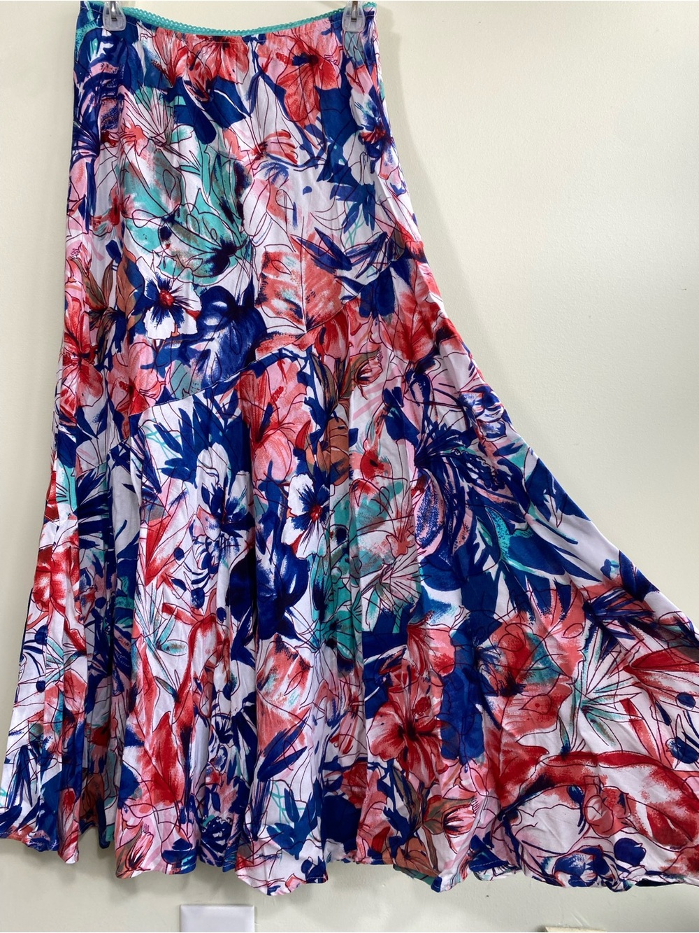 Lola P Floral A-Line Maxi Skirt — Blue, Coral & Mint size Medium